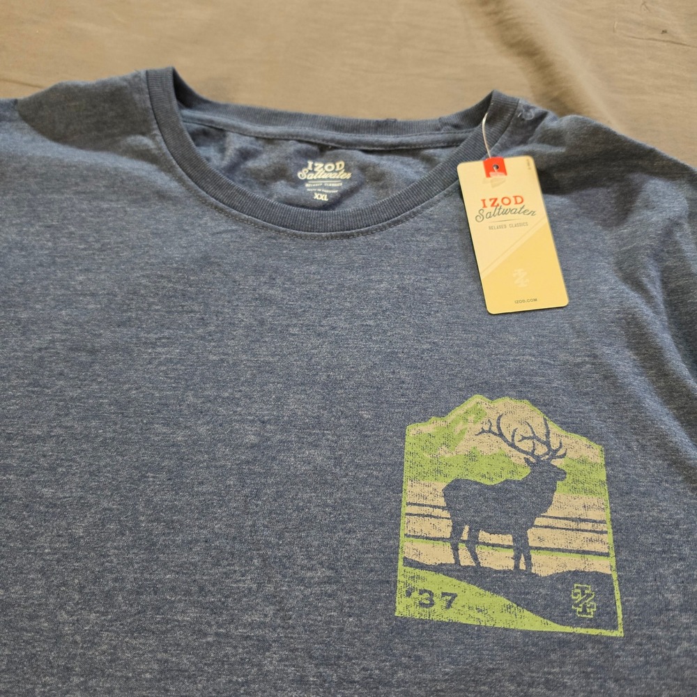 IZOD Saltwater Mens XXL Blue Heather Long Sleeve Ridgepoint Peak Elk T-Shirt NWT